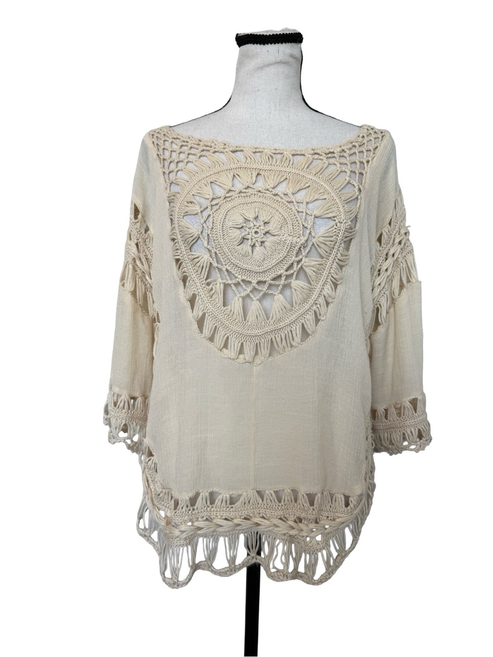 Rebellion Again Cream Crochet Lace Boho Fringe Tunic Top Size Small